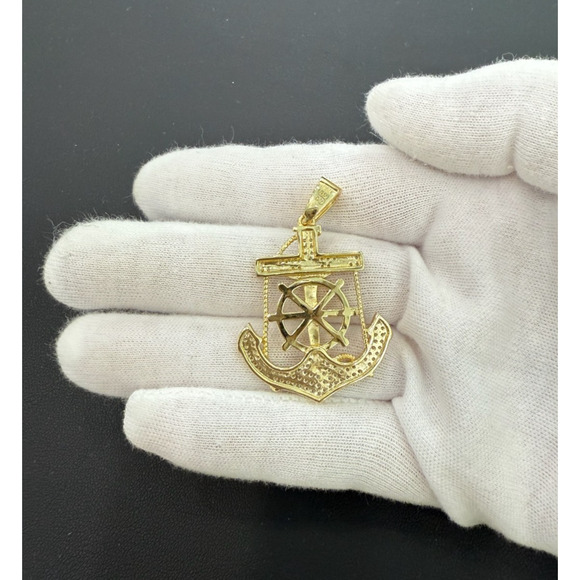 Anchor Wheel Pendant 925 Sterling Silver Gold Plated Iced CZ Charm 1.8 inch - Picture 3 of 3